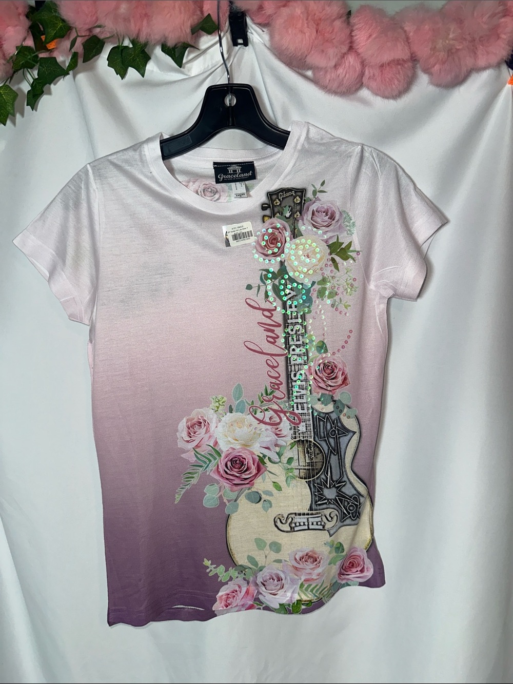 Graceland home of Elvis Presley Sequin Guitar Ombre Tee with Rose Motif